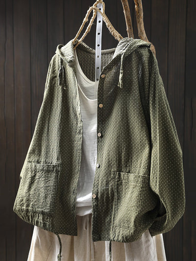 Plus Size Women Spring Artsy Dot Cotton Hooded Shirt