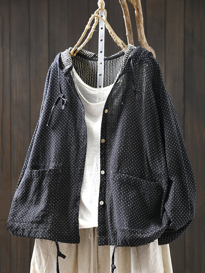 Plus Size Women Spring Artsy Dot Cotton Hooded Shirt