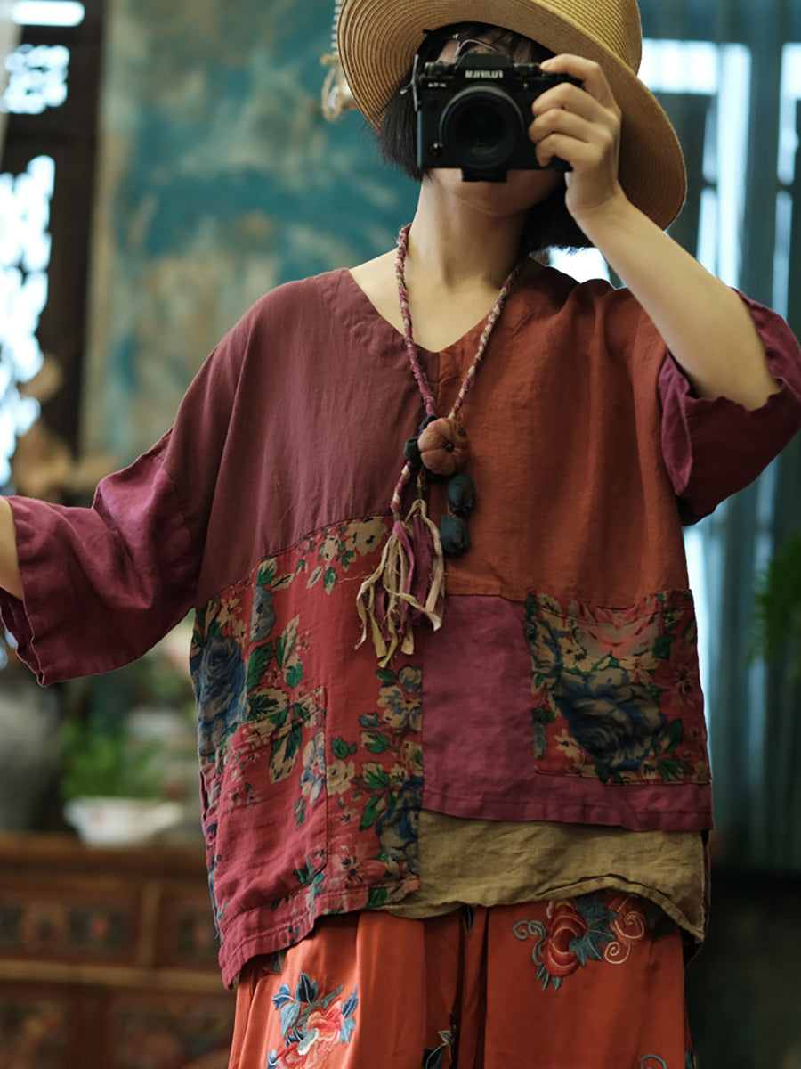 Women Spring Vintage V-Neck Flower Spliced Shirt
