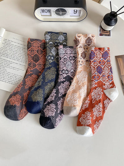 5 Pairs Women Artsy Floral Jacquard Cotton Socks