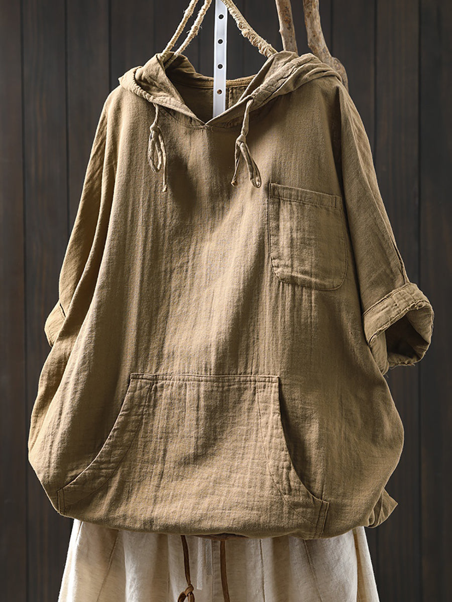 Plus Size Women Spring 100%Cotton Pure Color Hooded Shirt