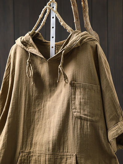 Plus Size Women Spring 100%Cotton Pure Color Hooded Shirt