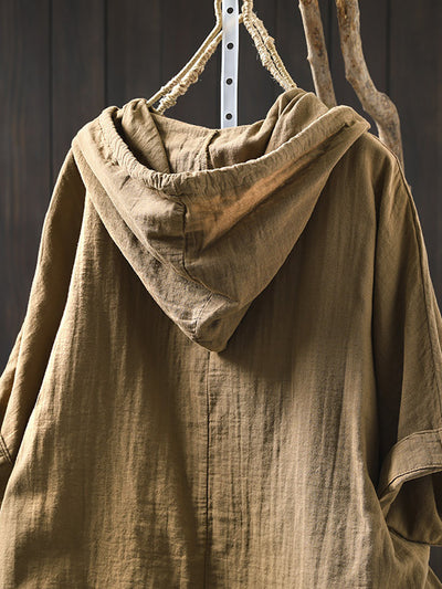 Plus Size Women Spring 100%Cotton Pure Color Hooded Shirt