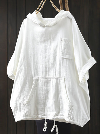 Plus Size Women Spring 100%Cotton Pure Color Hooded Shirt