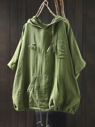 Plus Size Women Spring 100%Cotton Pure Color Hooded Shirt