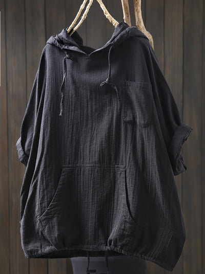 Plus Size Women Spring 100%Cotton Pure Color Hooded Shirt