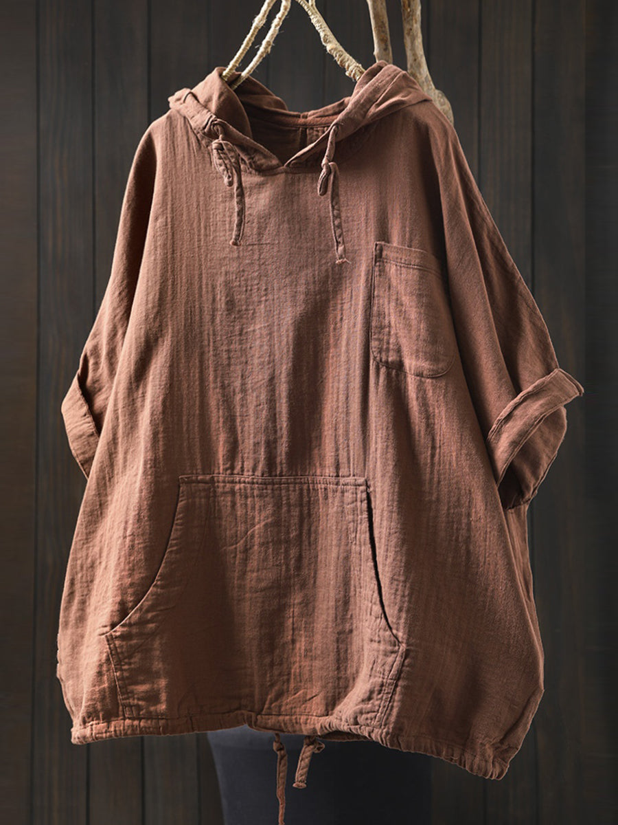 Plus Size Women Spring 100%Cotton Pure Color Hooded Shirt