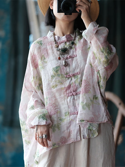 Plus Size Women Ethnic Spring Flower Stand Collar Linen Shirt