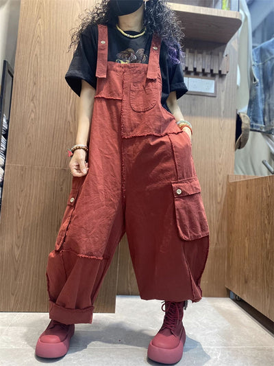 Plus Size Women Spring Artsy Cotton Raw-edge Loose Jumpsuits