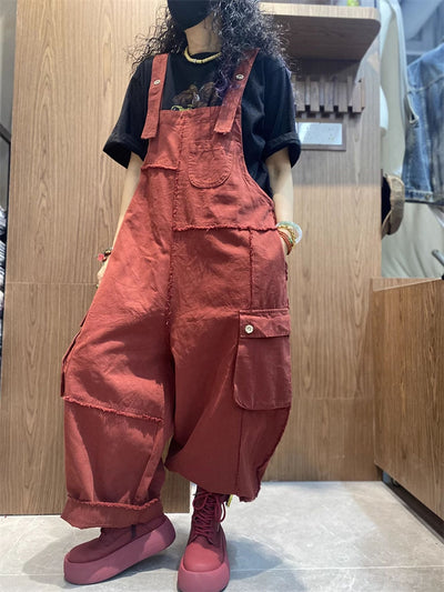 Plus Size Women Spring Artsy Cotton Raw-edge Loose Jumpsuits