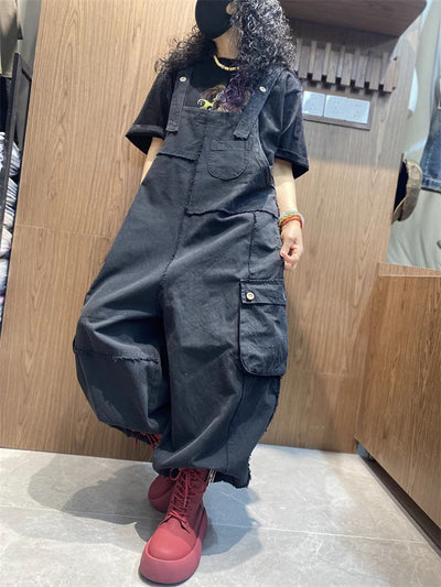 Plus Size Women Spring Artsy Cotton Raw-edge Loose Jumpsuits