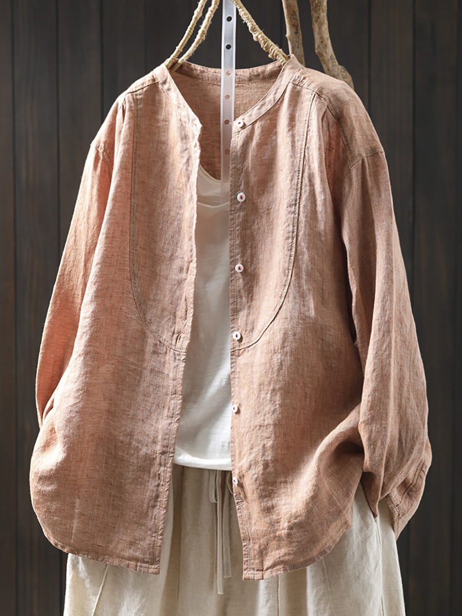 Plus Size Women Spring Pure Color Stand Collar 100%Linen Shirt