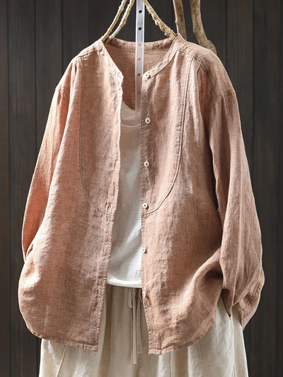 Plus Size Women Spring Pure Color Stand Collar 100%Linen Shirt