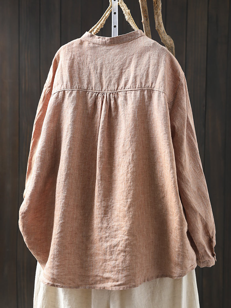 Plus Size Women Spring Pure Color Stand Collar 100%Linen Shirt