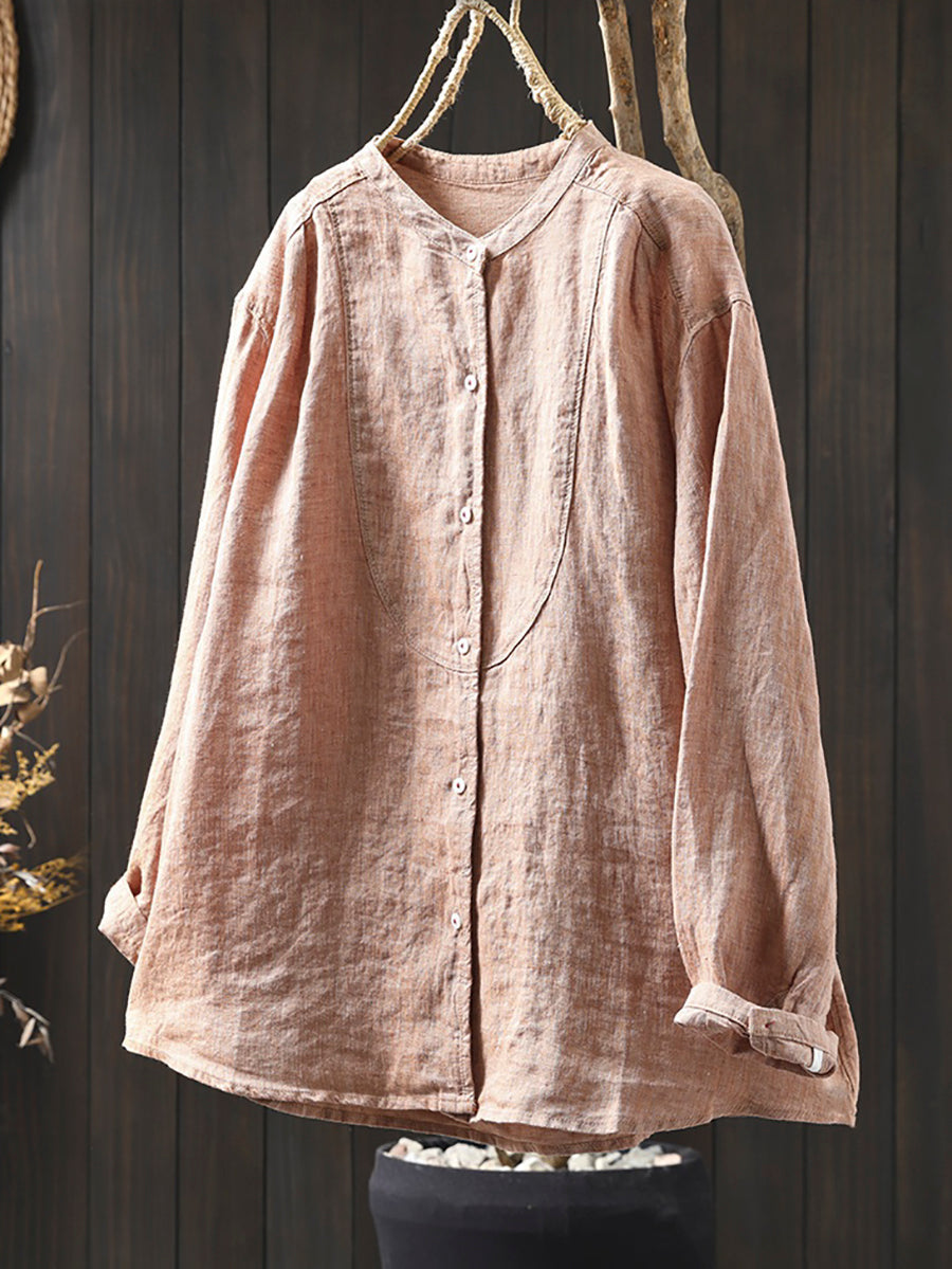 Plus Size Women Spring Pure Color Stand Collar 100%Linen Shirt