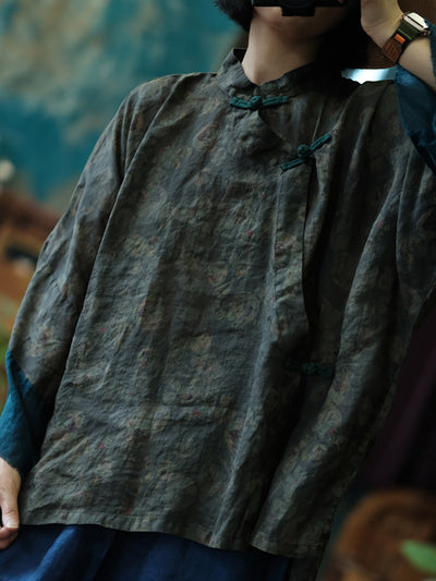 Women Spring Ethnic Stand Collar Flower Linen Shirt