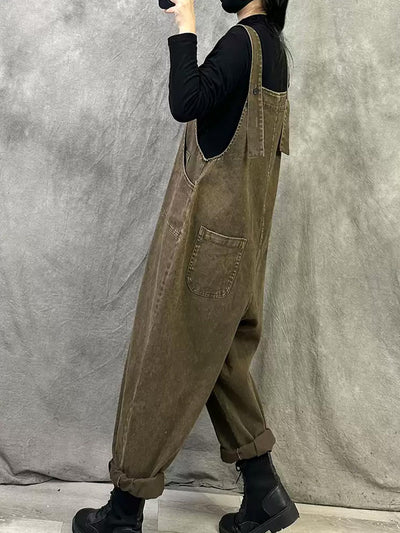 Plus Size Women Spring Retro Pure Color Loose Jumpsuits