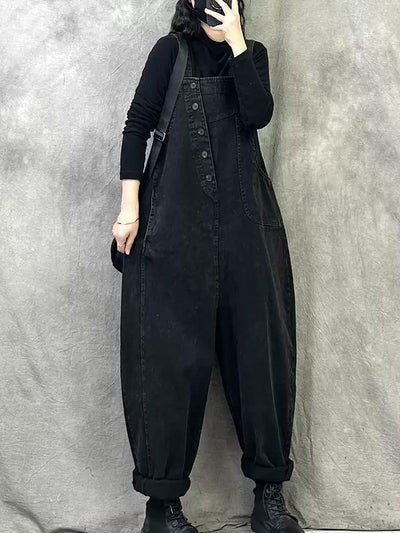 Plus Size Women Spring Retro Pure Color Loose Jumpsuits