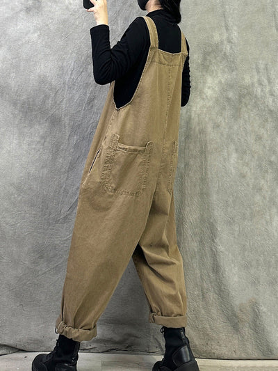 Plus Size Women Spring Casual Pure Color Loose Jumpsuits