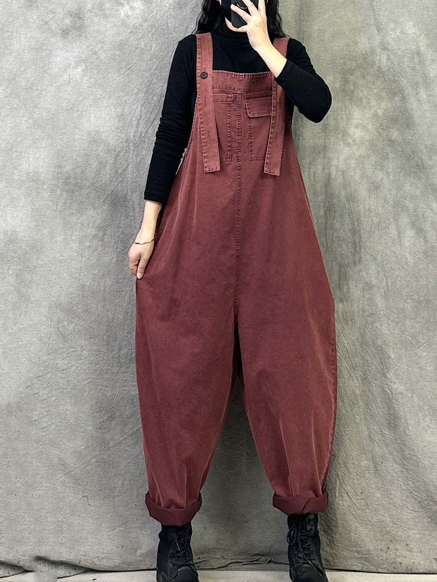 Plus Size Women Spring Casual Pure Color Loose Jumpsuits