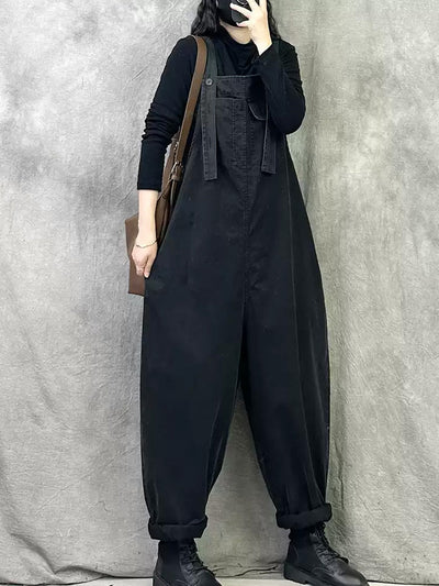 Plus Size Women Spring Casual Pure Color Loose Jumpsuits
