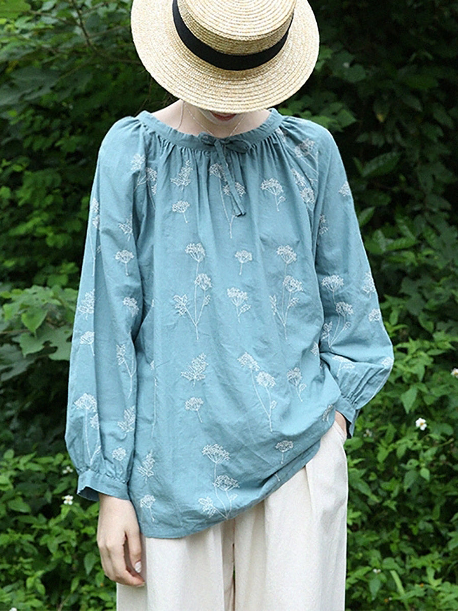 Women Summer 100%Cotton Embroidery O-Neck Shirt