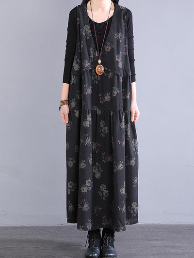 Women Spring Vintage Flower Spliced 100%Cotton Vest Dress
