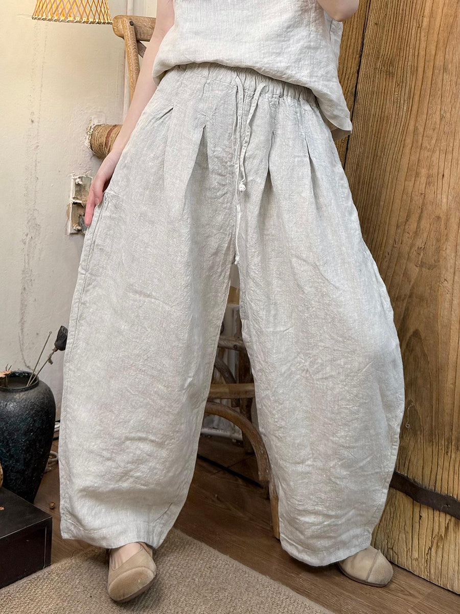 Plus Size Women Vintage Spring Pure Color Wide-leg Linen Pants