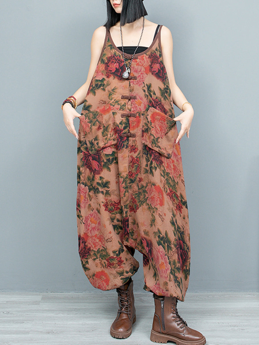 Plus Size Women Spring Vintage Flower Loose Jumpsuits
