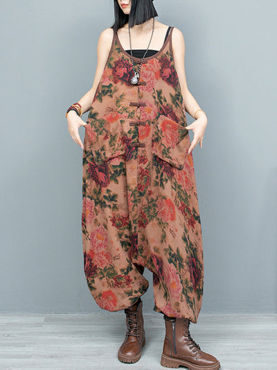 Plus Size Women Spring Vintage Flower Loose Jumpsuits