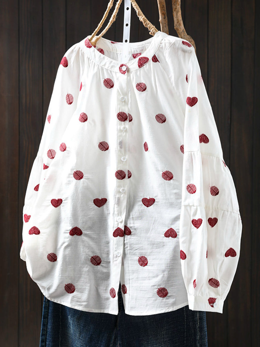 Women Artsy Heart Dot Embroidery Shirt