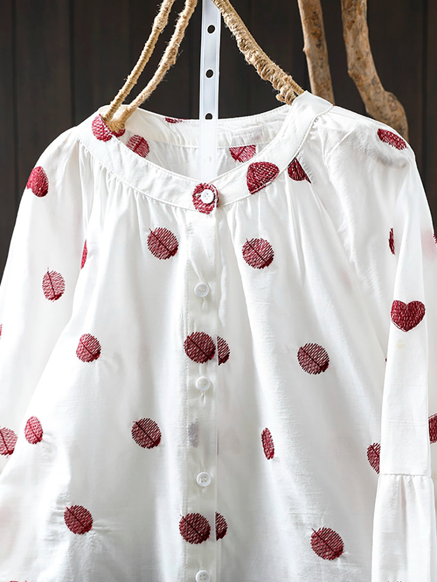 Women Artsy Heart Dot Embroidery Shirt