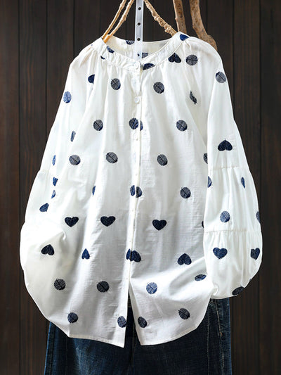 Women Artsy Heart Dot Embroidery Shirt
