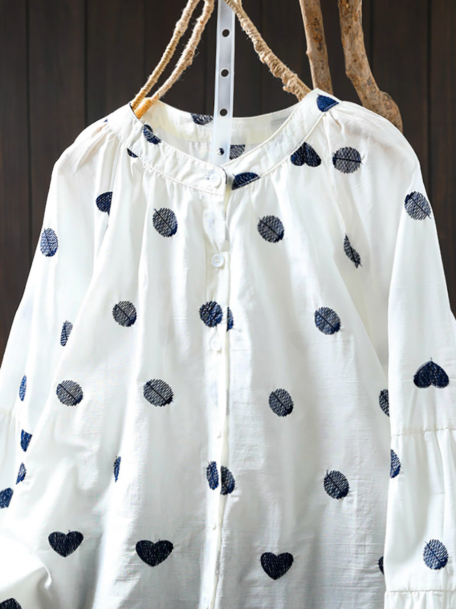 Women Artsy Heart Dot Embroidery Shirt