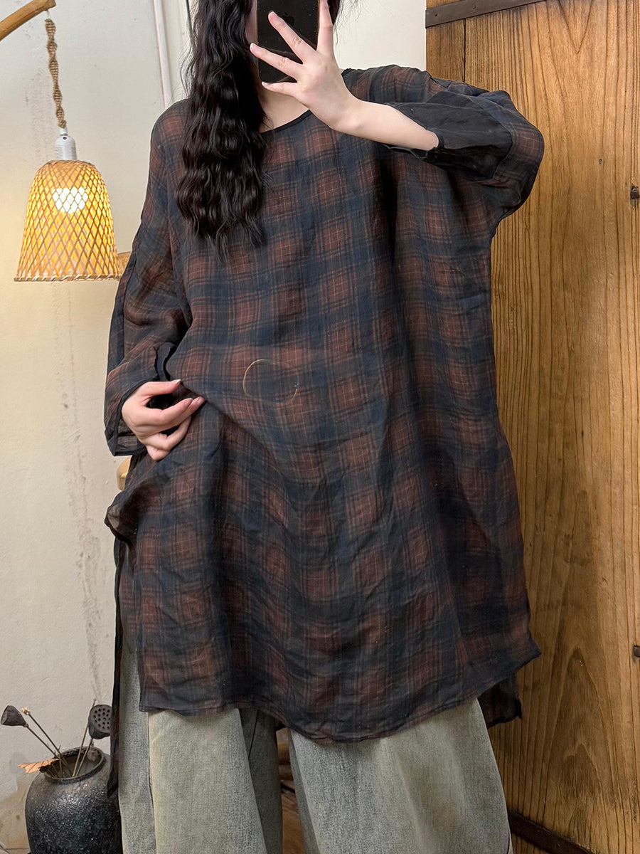 Plus Size Women Spring Artsy O-Neck Flower Ramie Shirt