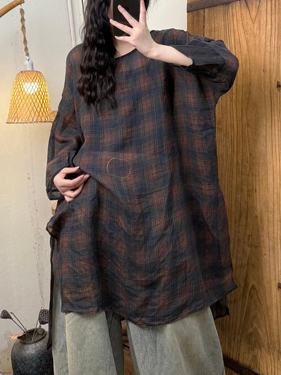 Plus Size Women Spring Artsy O-Neck Flower Ramie Shirt