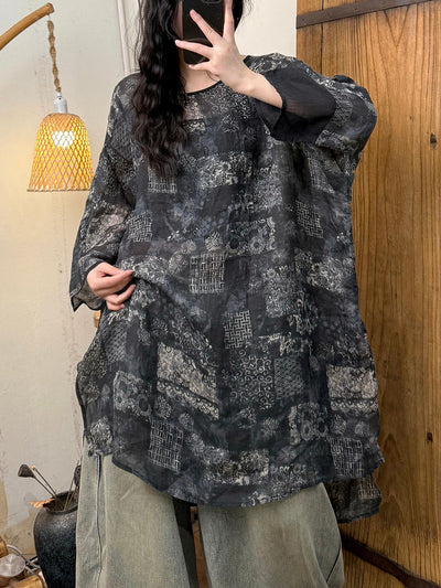 Plus Size Women Spring Artsy O-Neck Flower Ramie Shirt