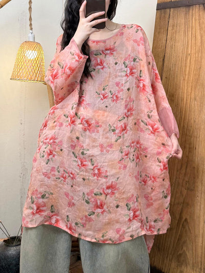 Plus Size Women Spring Artsy O-Neck Flower Ramie Shirt