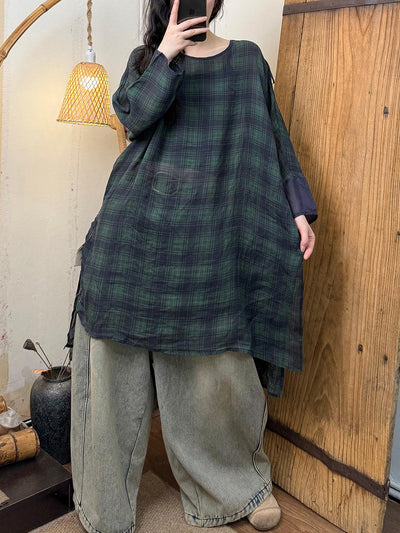 Plus Size Women Spring Artsy O-Neck Flower Ramie Shirt