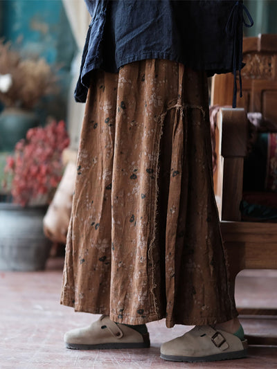 Women Spring Retro Floral Cotton Spliced Skirt