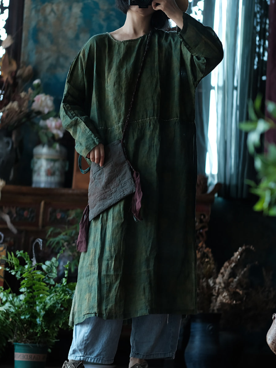 Women Vintage Pure Color Linen O-Neck Dress