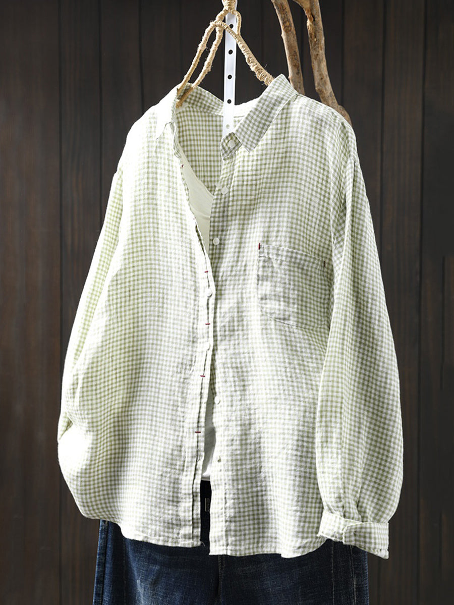 Plus Size Women Lattice Linen Cotton Turn-down Collar Shirt