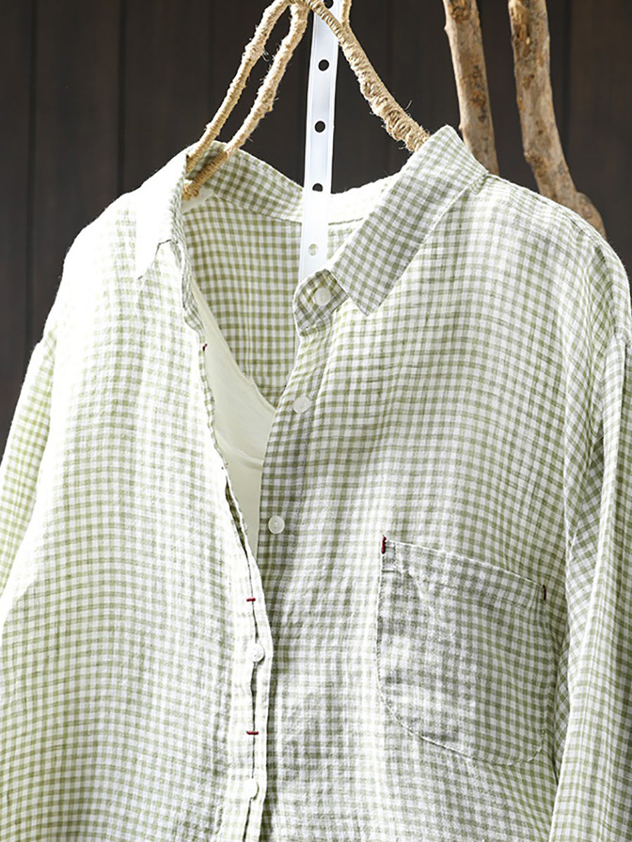 Plus Size Women Lattice Linen Cotton Turn-down Collar Shirt