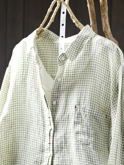 Plus Size Women Lattice Linen Cotton Turn-down Collar Shirt
