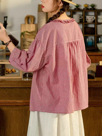 Plus Size Women Summer Lattice Lace Collar 100%Cotton Shirt