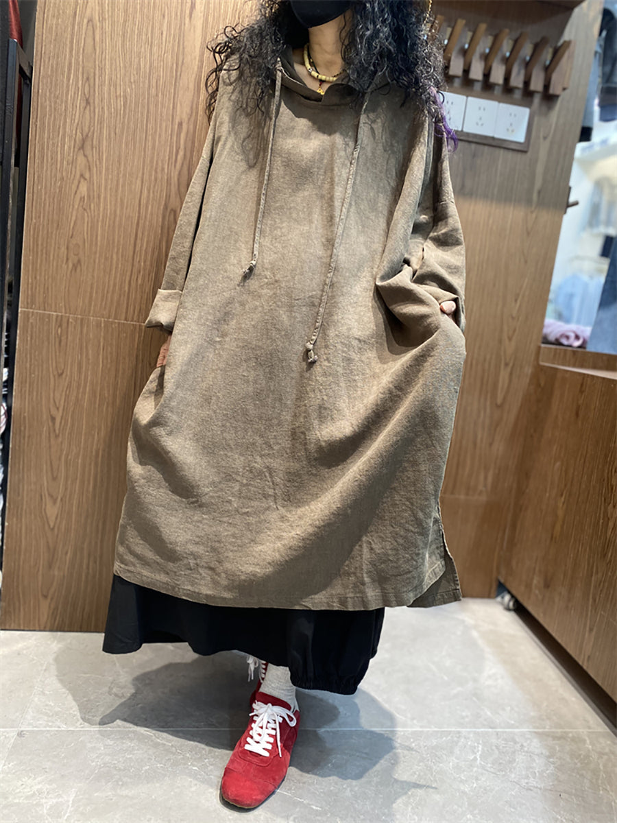 Plus Size Women Spring Casual Pure Color Loose Hooded Dress
