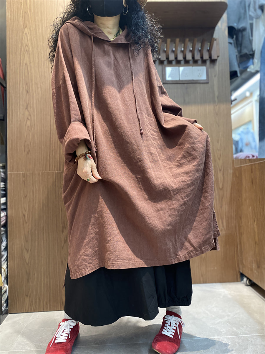 Plus Size Women Spring Casual Pure Color Loose Hooded Dress