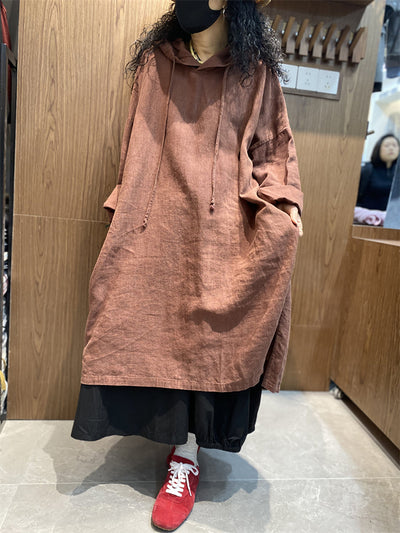 Plus Size Women Spring Casual Pure Color Loose Hooded Dress