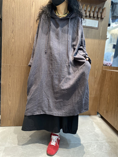 Plus Size Women Spring Casual Pure Color Loose Hooded Dress