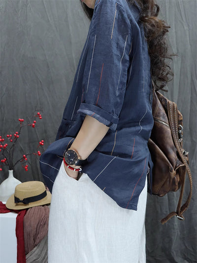 Plus Size Women Summer Vintage Flower Lapel 100%Ramie Shirt